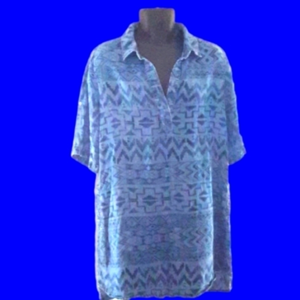 African Tribal Print Blue Slim-Fit Pullover Shirt, L